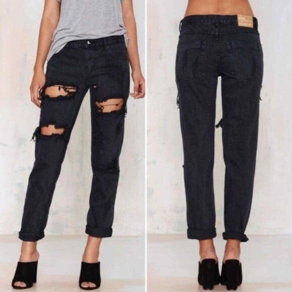 One Teaspoon Awesome Baggies 'Fox Black' Ripped Relaxed Tapered Leg Jeans Sz 30